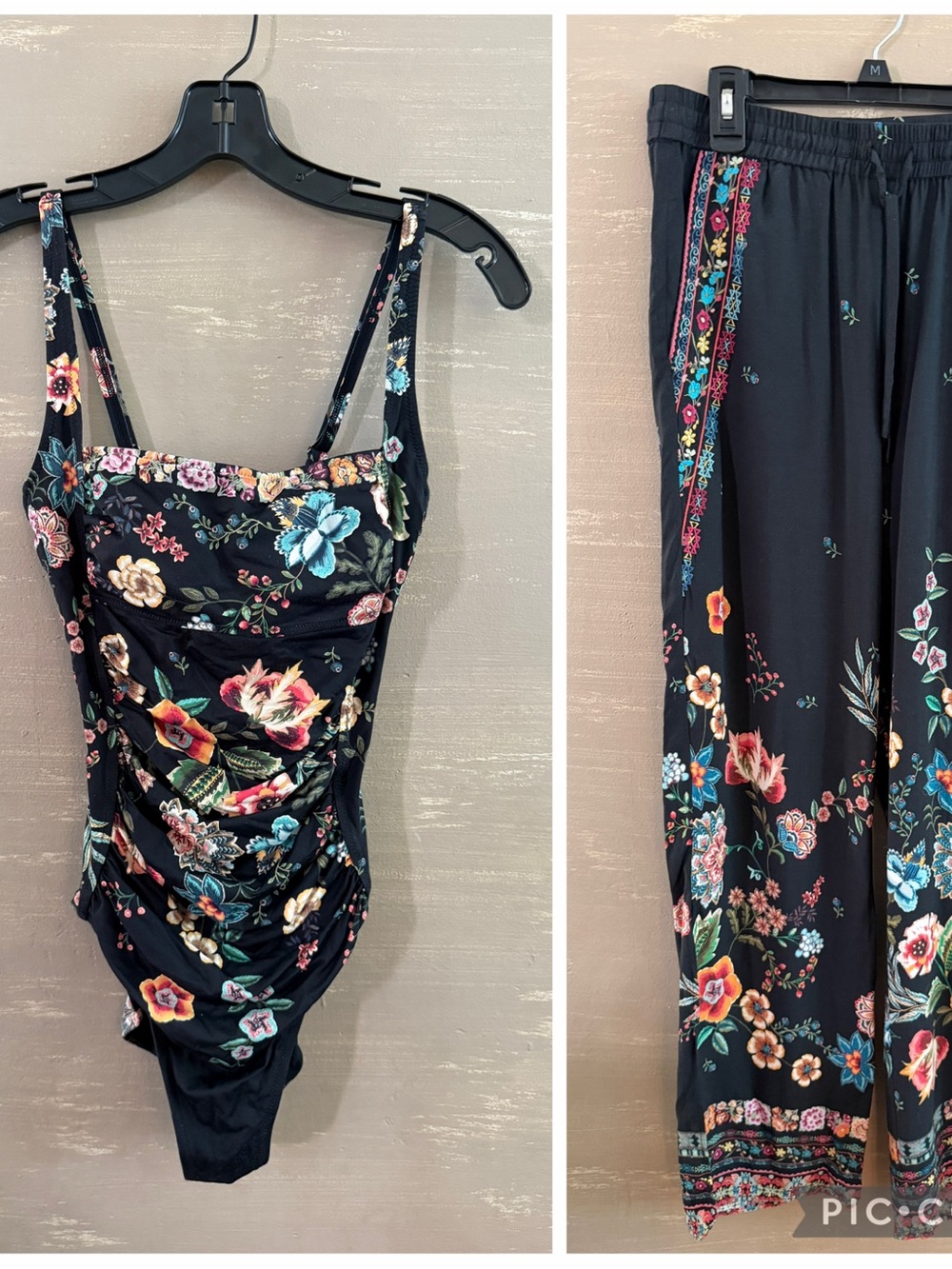 Johnny Was Black Floral Ruched Bandeau swimsuit & Lounge Pants Set S XS